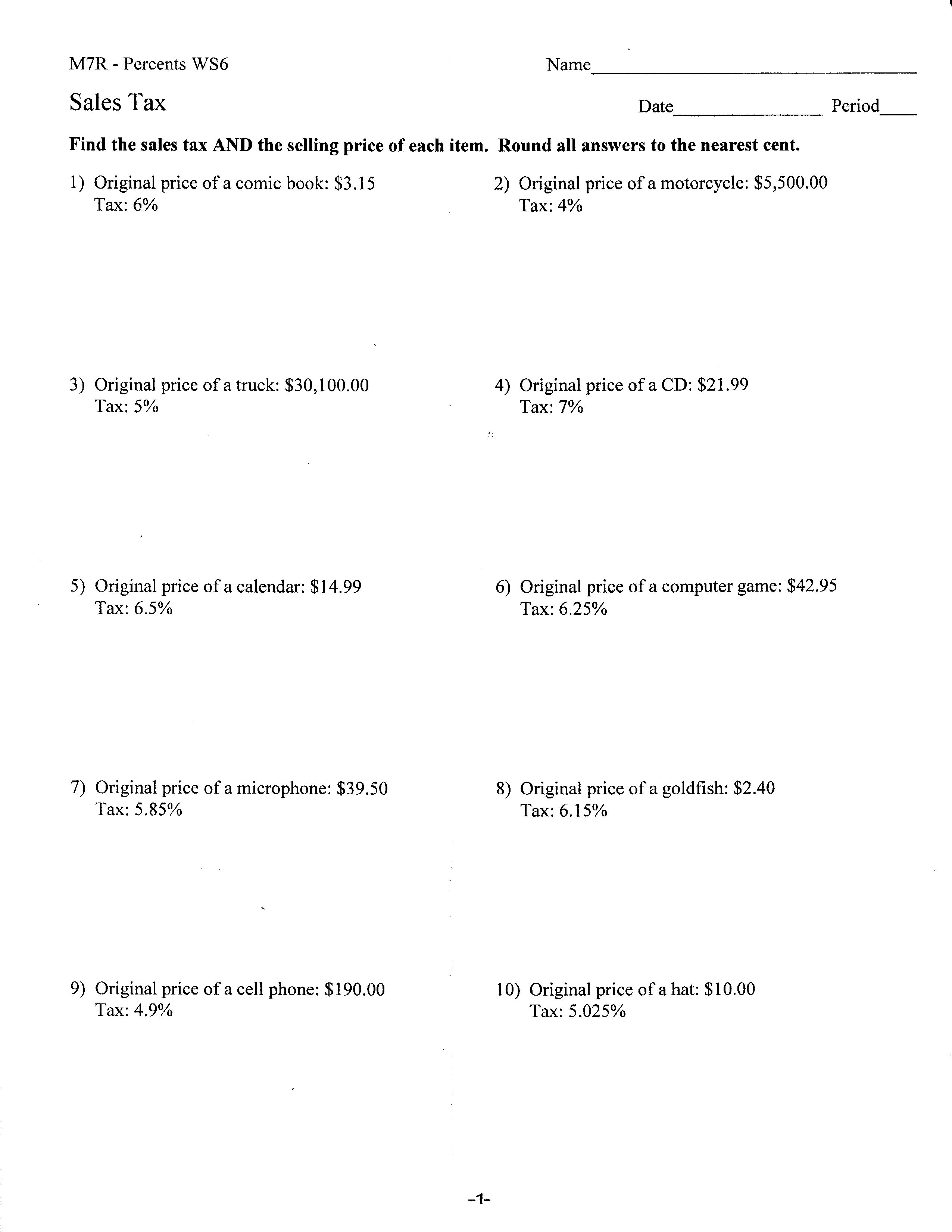 Tax Tip Discount Worksheets With Answers